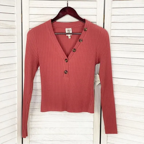 Self Esteem‎ Ribbed Knit V Neck Crop Shirt Spice Orange Medium - Image 7