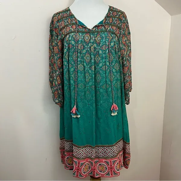 Anthropologie Tanvi Kedia Glimmering Ankita Dress Boho Teal Beaded S - Image 3
