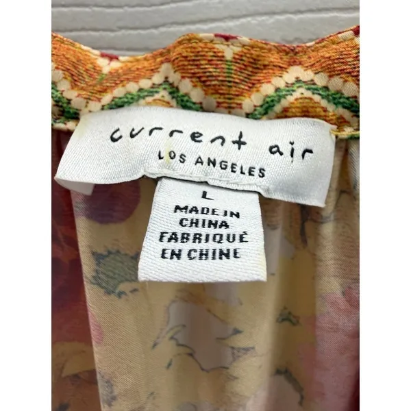 Current Air Los Angeles Floral Tiered Midi Dress Yellow Pink V-Neck Size‎ L - Image 6