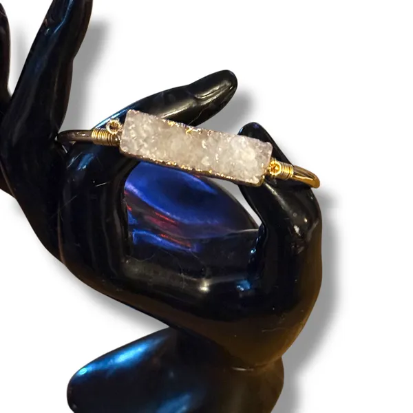 Gold tone white druzy cuff bangle bracelet - Image 3