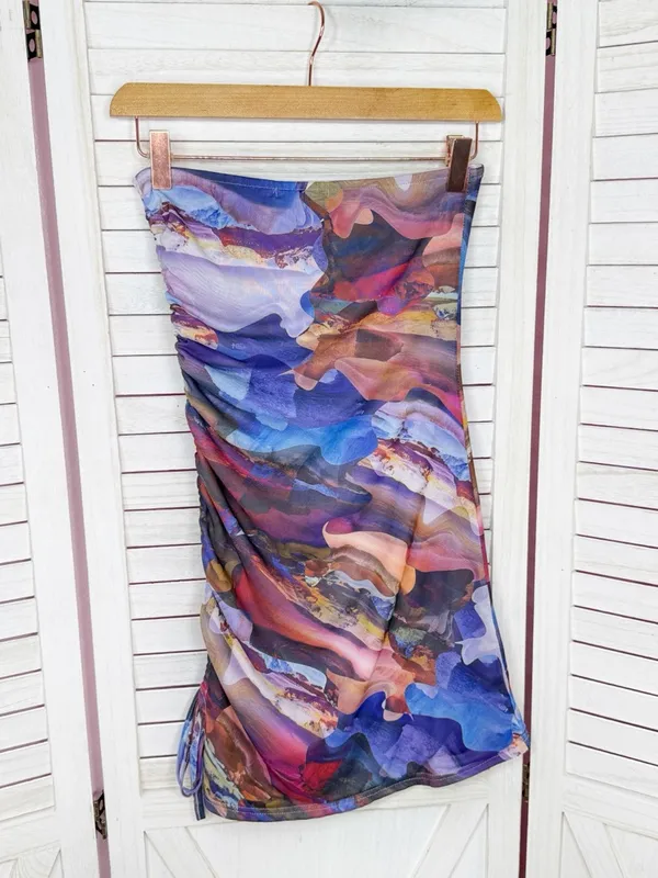 Y2k Mint Vanilla Printed Mesh Cinch Side Strapless Bodycon Mini Dress‎ Blue 8 - Image 9