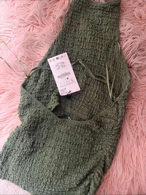 Zara Olive Green Textured Halter & Pant Set - Image 6