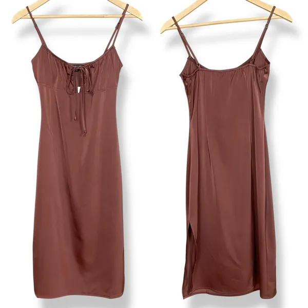 NWT Kendall +‎ Kylie Slip Drsss FLAWS Brown Size XS Midi Tie Milkmaid Satin - Image 4