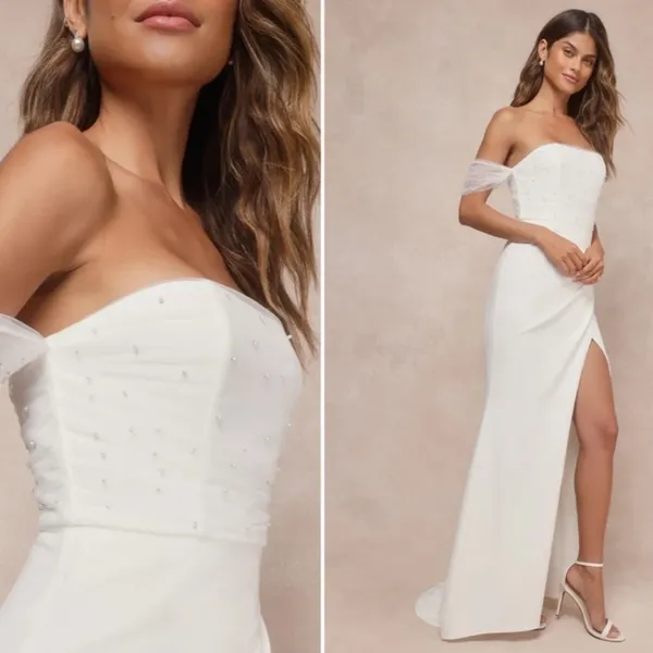 LULU's Wedding Bridal Elegant Sexy Pearl Accent Off the Shoulder Gown NWOT - Image 2