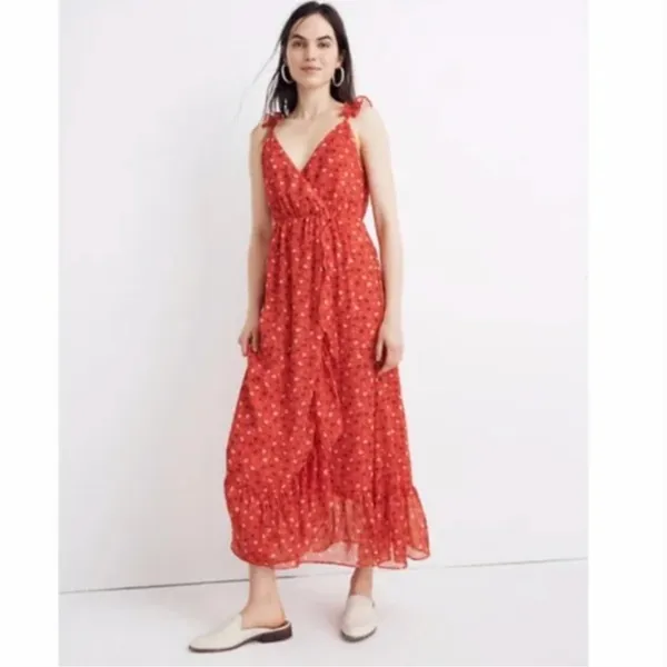 NWT Madewell Ruffle Strap Wrap Prairie Dress Red - Image 2