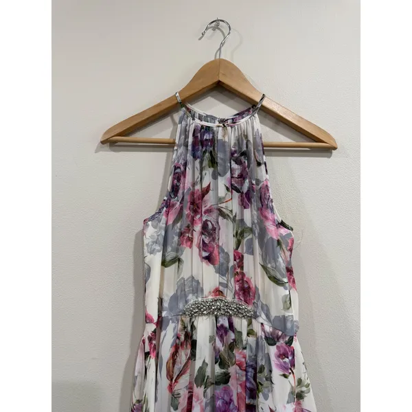 Floral High Low Halter Maxi Dress Rhinestone Waist Pink Purple Cream Sz 4 - Image 4