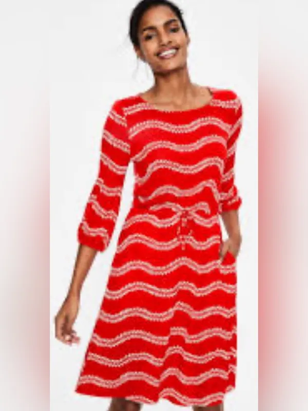 BODEN Talia Red Jersey Dress Leaf Striped Print 3/4 Sleeves Drawstring Waist 8 - Image 6