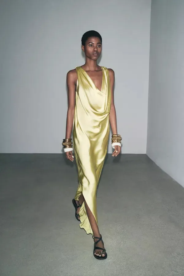 Zara maxi dress zwcollection satin flowy Sleeveless Lime evening party wedding - Image 13