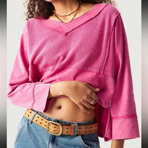 Boho patchwork oversized cropped Vneck 3/4 sleeve NEW - Image 5