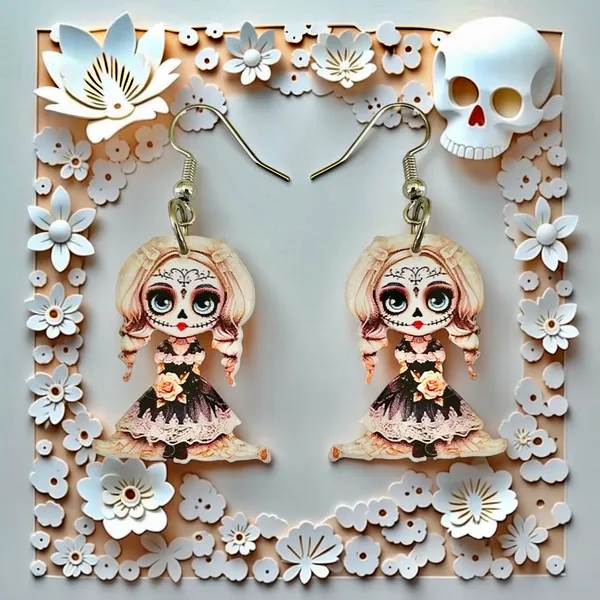 Boutique Day of the Dead Sugar Skull Doll Dangle Earrings - Image 2