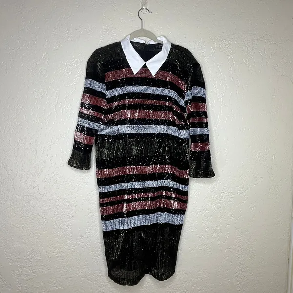Eloquii Studio Sequin Striped Bodycon Mini Dress Collared‎ Black Size 16 Plux - Image 2