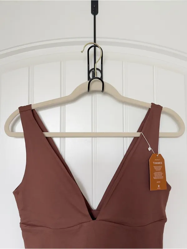 Reoria Medium Mocha Brown Plunge‎ Neckine Minimalist Bodysuit Capsule Wardrobe - Image 3