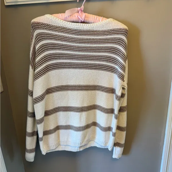 Ann Taylor Cream and Brown Striped Crewneck Sweater - Image 3