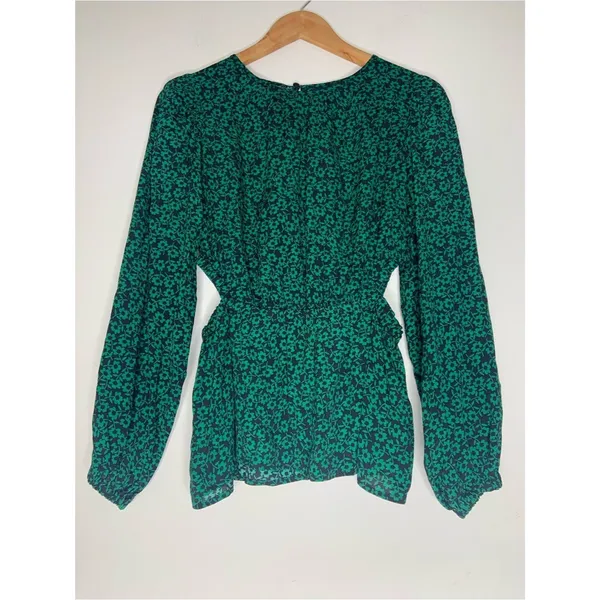 GAP Green Floral Cutout Peplum Rayon Long-Sleeve Top S Casual - Image 2