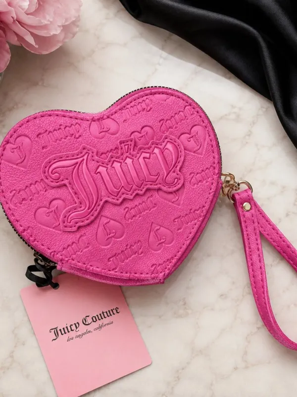 Juicy Couture Pink Embossed Heart Wallet Leather Wristlet Zip Around NWT - Image 3