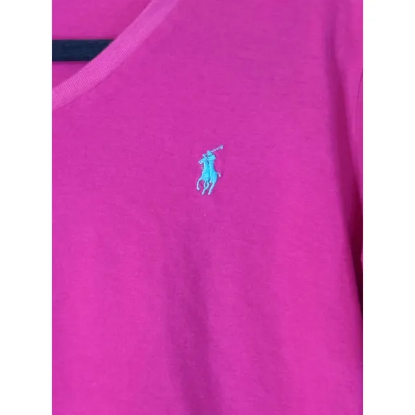 Ralph Lauren Sport T-Shirt Women Large Magenta Pink V-Neck Cotton Pony Preppy - Image 3