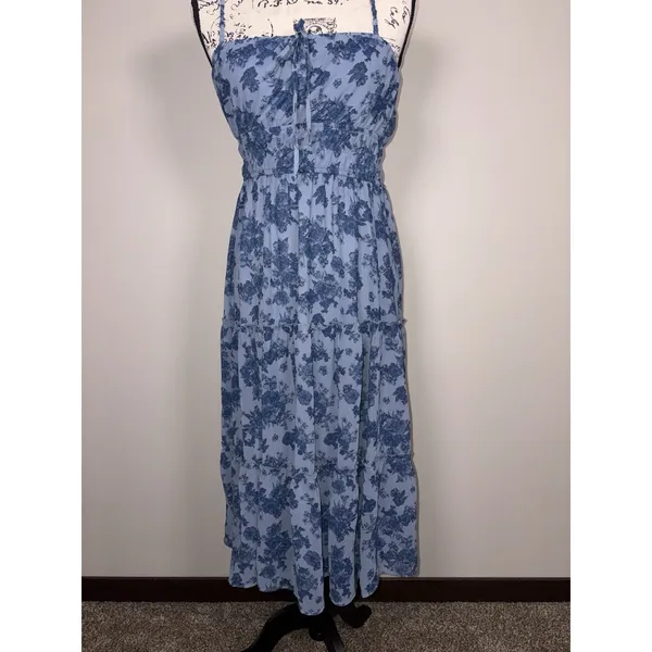 Trixxi Blue Floral Spaghetti Strap Tiered Midi Dress Womens Size Small - Image 5