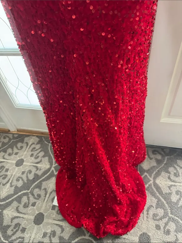 Unbranded Off shoulder Beaded Corset Slit Red Sequin Ruched Evening Gown Sz 6 A - Image 11