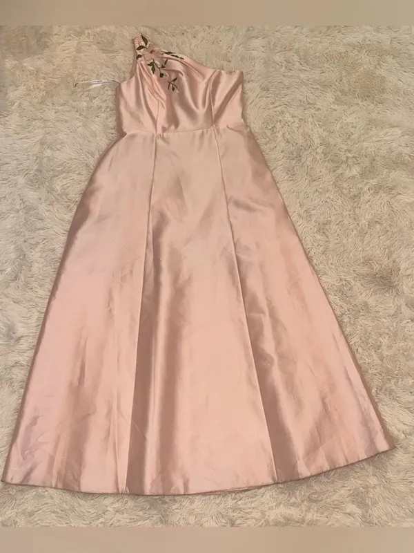 NEW Alfred Sung One-Shoulder A-Line Gown Handworked Floral Appliqué Blush Sz 14 - Image 4