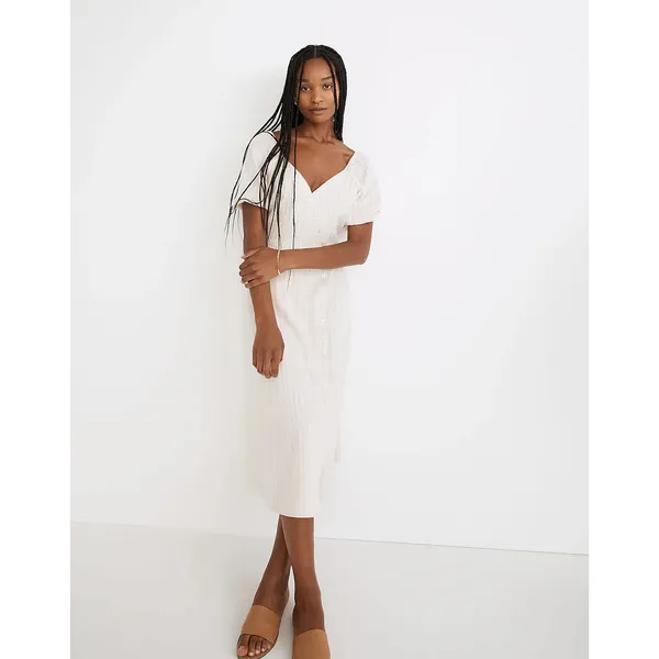 Madewell Puff-Sleeve Button-Wrap Striped Midi Dress Size 6 - Image 2