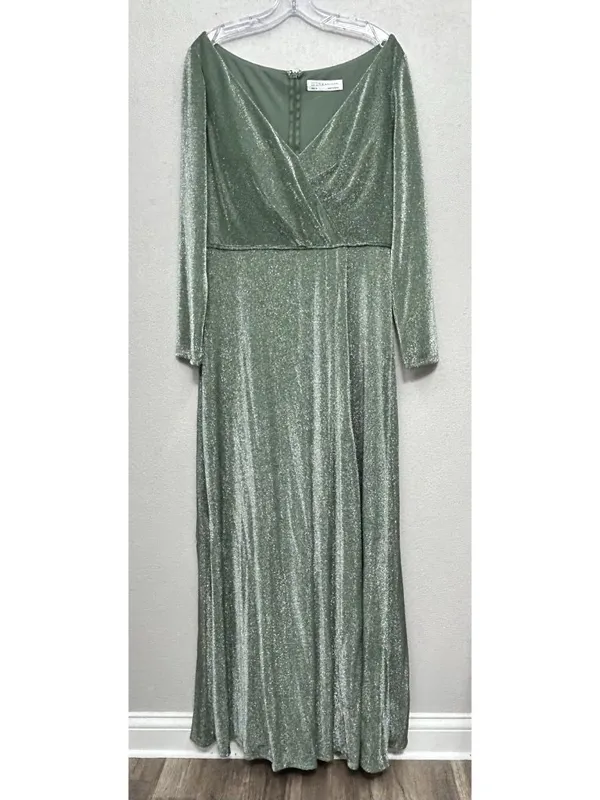 IEENA for Mac Duggal Faux Wrap Gown Maxi Dress Sz 12 Jade Green Metallic stretch - Image 3