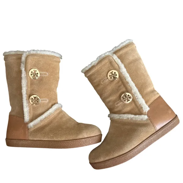 Tory Burch Ginger Suede Shearling Boots 8 Gold Double T Button Winter - Image 6