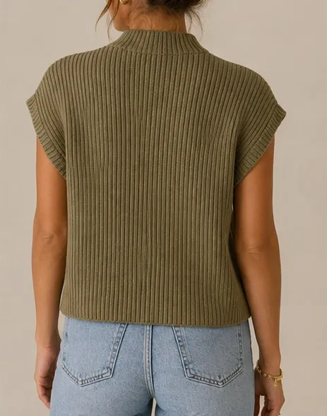 Boutique Olive Green Ribbed Mock-Neck Sweater Vest with Front Pocket - Image 2