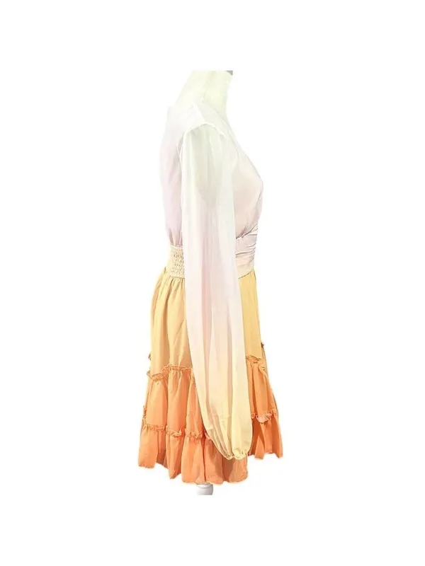 Petal + Pup Ombre Ruffle Tiered Long Sleeve Deep V-Neck Dress Orange Size Medium - Image 3