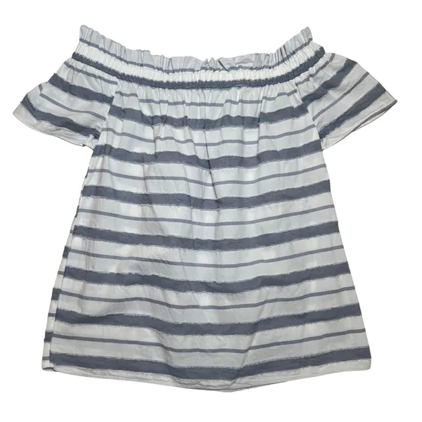 Juicy Couture Striped Off Shoulder Top Blue White‎ Fringe Cotton Blouse Small - Image 3