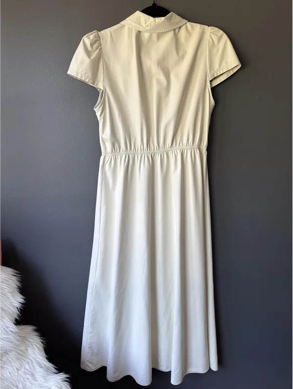 Cream Faux Leather Button-Front Midi Dress with Short Sleeves and Pockets - Image 3