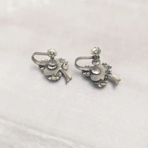 Vintage Screw On Earrings Design Silver Tone & Turquoise Tone 7/8" - Image 4
