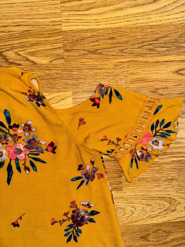Xhilaration Dress Women’s Size Medium Cold Shoulder Mustard Yellow Floral Rayon - Image 11