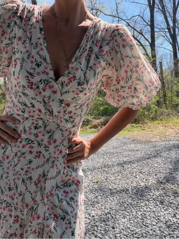 MINKPINK White Ruffle Midi Faux Wrap Dress with Pink & Green‎ Floral Size XS - Image 2