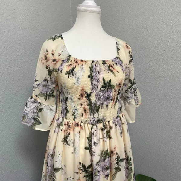 Shein Cream Maxi Dress Purple Green Floral Smocked Waist Ruffle Sleeves - Image 2