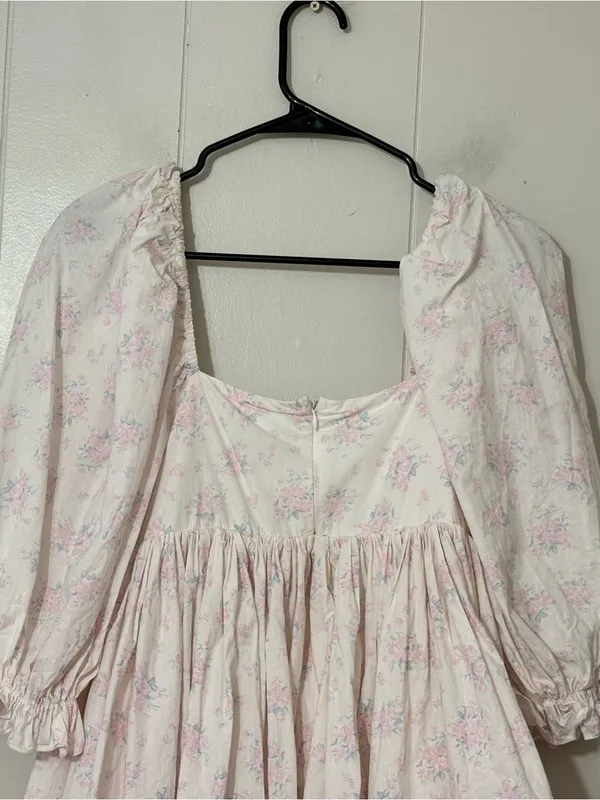 Mabel Floral Puff Sleeve Square Neck Mini Dress White Pink Cottagecore S - Image 10