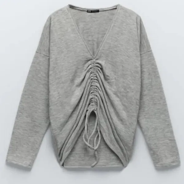 ZARA Heathered Gray Cinched Sweater V Neck Pullover Cinchable Cinched Top Large - Image 7