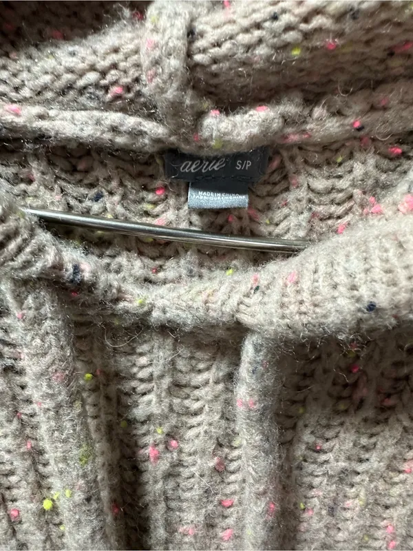 aerie Taupe Knit Hooded Crewneck Sweater with Pink Speckle - Image 2