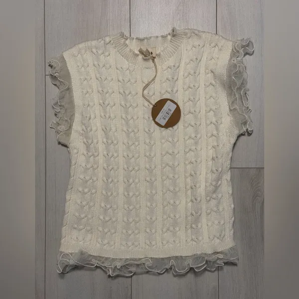 NWT Bibi Cream Cable Knit Top with Layered Chiffon Edges size medium White - Image 2