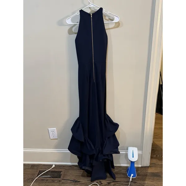 BETSY & ADAM NWT Long Halter Crepe Tiered Ruffle Gown Dress Navy Size 4 - Image 4