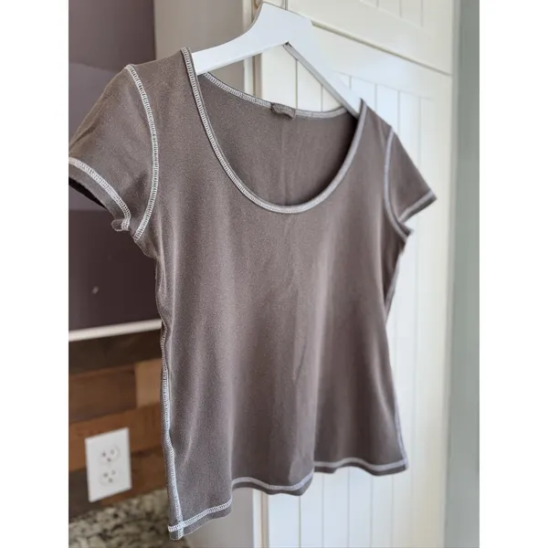 John Galt Brown Baby Tee 100% Cotton Contrast Stitch Y2K Top Size 38 - Image 3