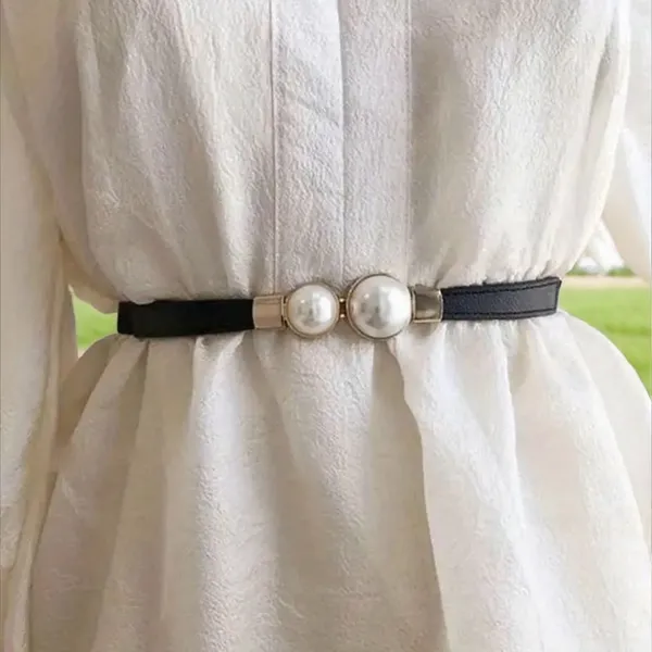 Thin Double Faux Pearl Buckle‎ Solid Color PU Leather Waist Thin Belt One Size - Image 15