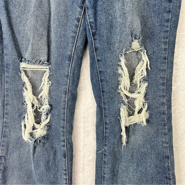 Forever21 Jeans Flare Leg High Rise Busted Knees Raw Hem Dark Wash Stretch‎ 29 - Image 3