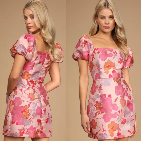 NWOT Lulus So Stunning Orange Multi Floral Jacquard Puff Sleeve Mini Dress Sz XS - Image 2