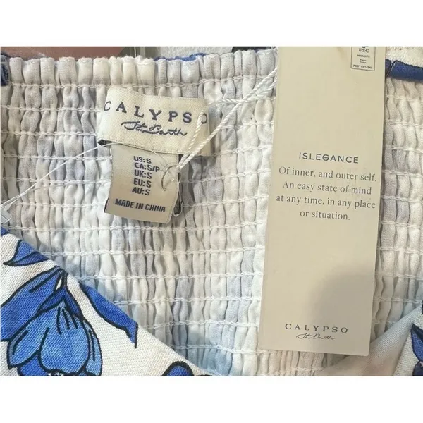 Calypso St Barth Linen Blend Smocked Back‎ Midi Dress Blue White Tropical Size S - Image 10