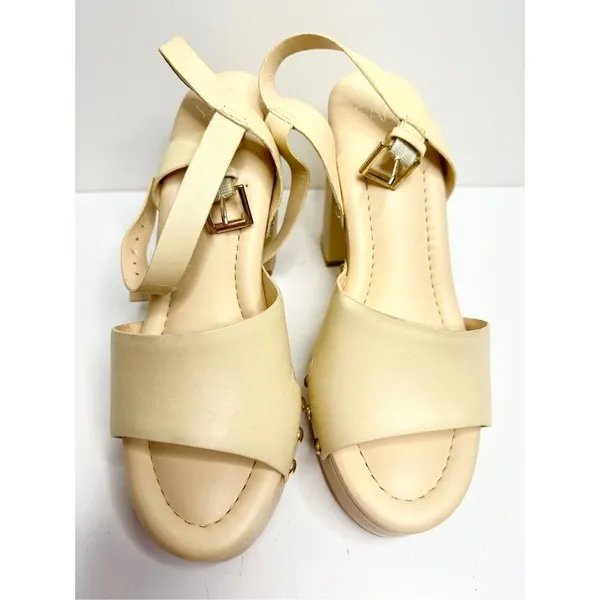 Sarto by Franco Sarto Wally Cream Leather Wood Platform Block Heel Sandals 9 - Image 6