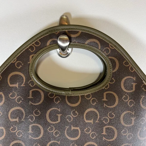 Guess Monogram Cutout Handle‎ Tote Bag Brown Olive Green Logo Print Lunch Bag - Image 7
