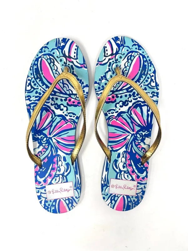 Lilly Pulitzer Coastal Blue Pink Print Gold Metallic Strap Flip Flops 9.5 - Image 2