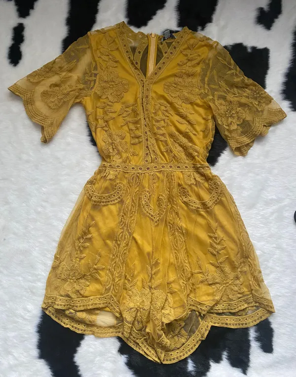 She + Sky Mustard Lace Romper - Image 3