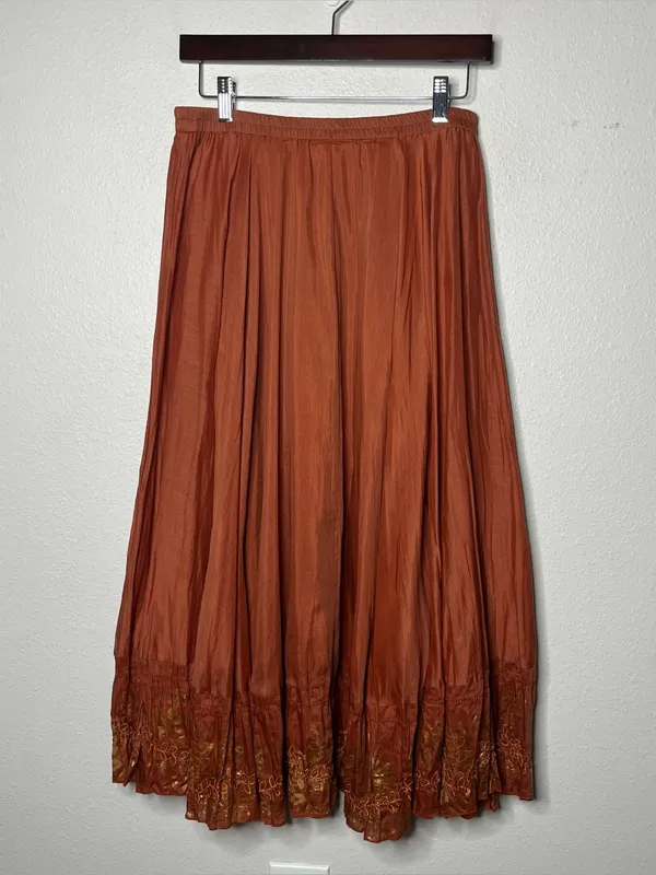 Vintage Burnt Orange Cotton Silk Embroidered Hem Gathered Boho Maxi Skirt - Image 3