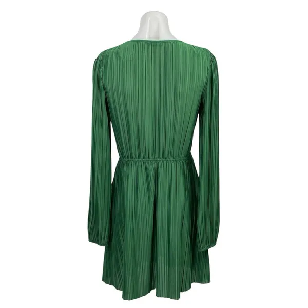 Zara Green Silk Satin Pleated Plisse Long Sleeve V Neck Fit & Flare Mini Dress M - Image 3